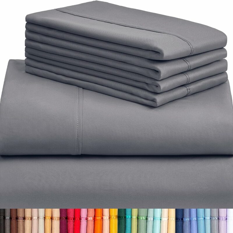 LuxClub 6 PC Queen Sheet Set, Rayon Made from Bamboo Bed Sheets, Deep Pockets 18" Eco Friendly Wrinkle Free Cooling Sheets Machine Washable Hotel Bedding Silky Soft - Light Grey Queen